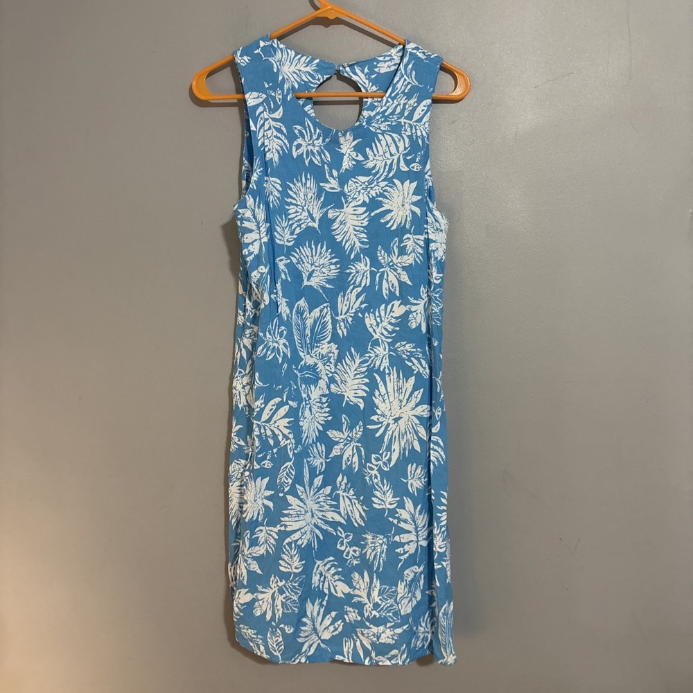 VTG Island Beach Dress Sz Large Blue Tropical Floral Hawaiian Beach MuuMuu Maxi
